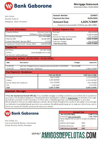 Declaração de hipoteca do Banco Botswana Gaborone Bank Scr exemplo